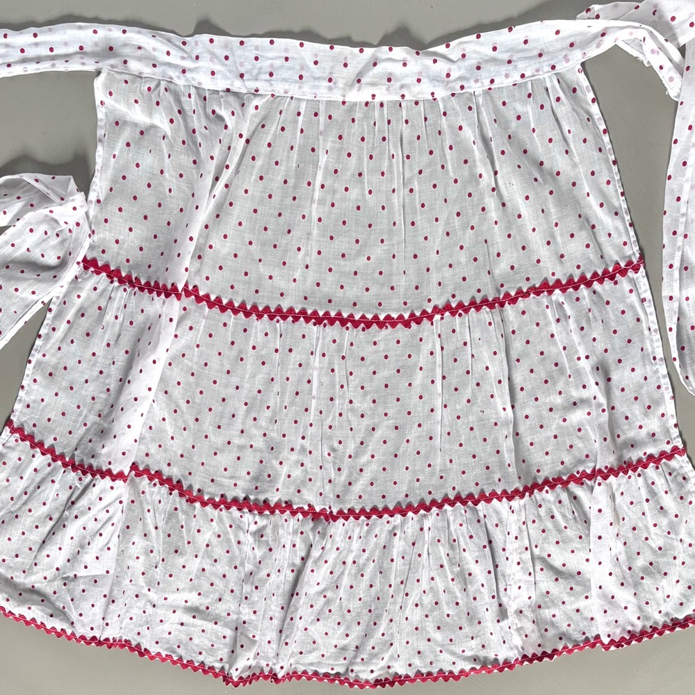 Vintage 60s Era Mod Handmade Pleated Rickrack Ribbon Polka Dot Half Apron